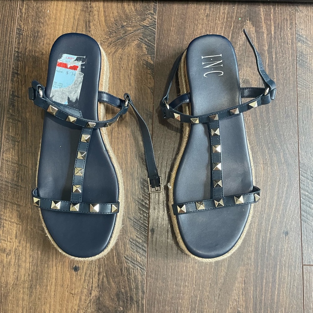 Blue studded wedge sandals